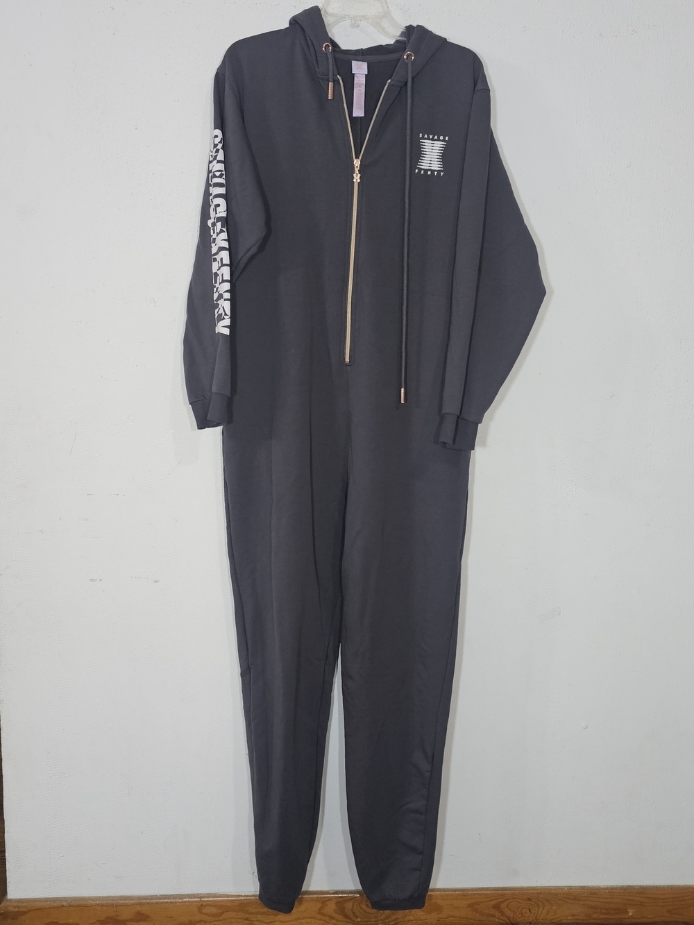 Savage X Fenty Forever Savage Hooded Jumpsuit L Black Rose Gold Unisex Rihanna